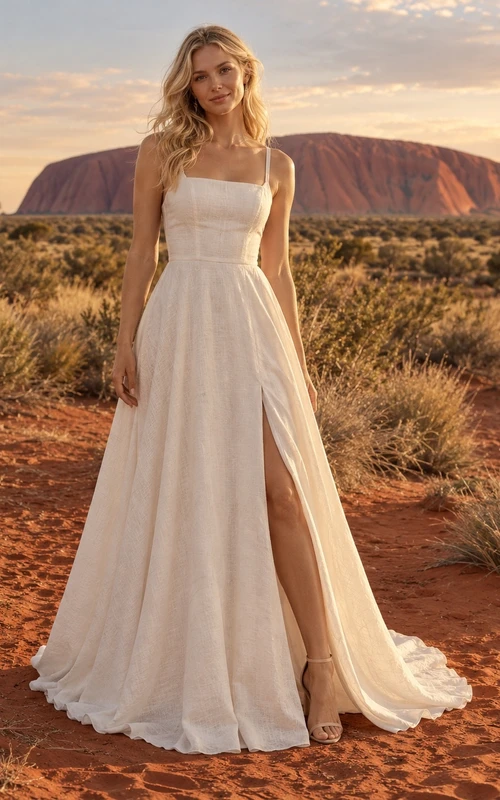 Einfaches, eckiges Brautkleid mit Trägern, A-Linien-Schnitt und bodenlangem Schnitt