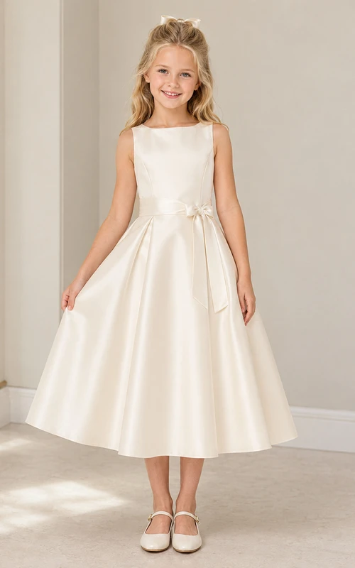 Vestido de niña de flores blanco de corte A con lazo en la espalda, sin mangas, cuello redondo y falda a la altura de la rodilla.
