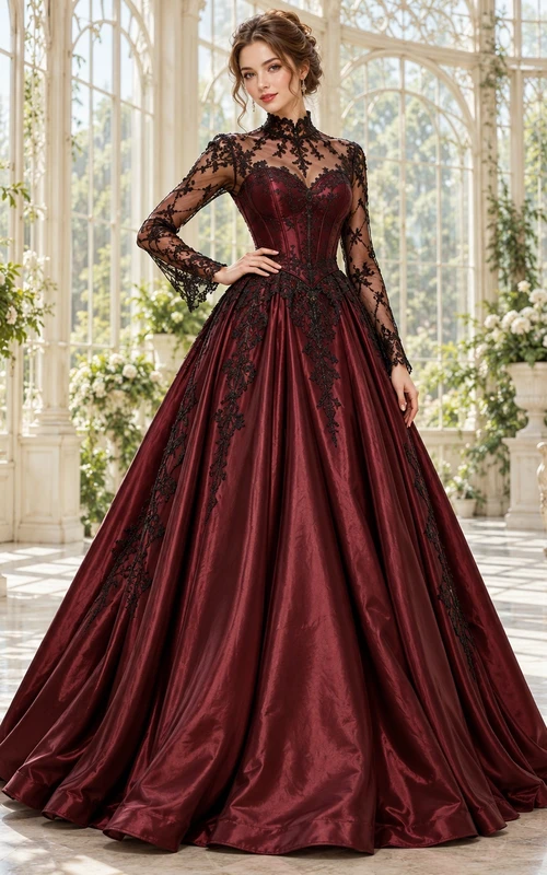 Robe de bal gothique bordeaux à col montant et manches longues en dentelle