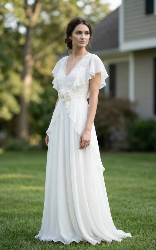 Robe de mariée bohème en mousseline à col V et manches à volants, ornée d'un motif floral à la taille.