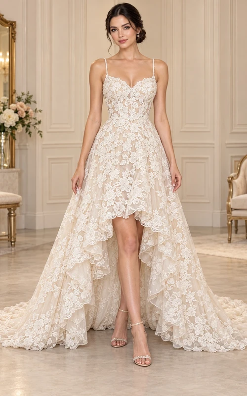 High-low Spaghetti Strap Sweetheart Floral Lace A-line Train Wedding Dress
