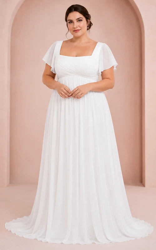 Vestido de novia de gasa de talla grande con cuello cuadrado y mangas con volantes