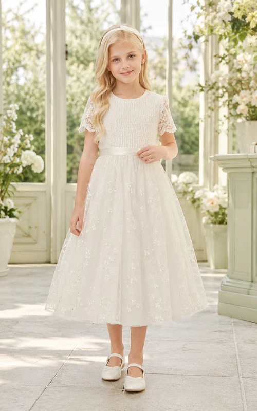 Elfenbeinfarbenes, gerafftes Tüllkleid mit Rundhalsausschnitt, kurzen Ärmeln und gerafftem Oberteil in Teelänge – perfekt für Kommunion und Blumenmädchen.