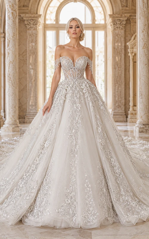 Robe de mariée bal en dentelle à épaules dénudées et décolleté cœur, traîne cathédrale