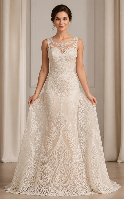 Vestido de novia modesto de corte A, cuello alto, sin mangas, con encaje y cola.
