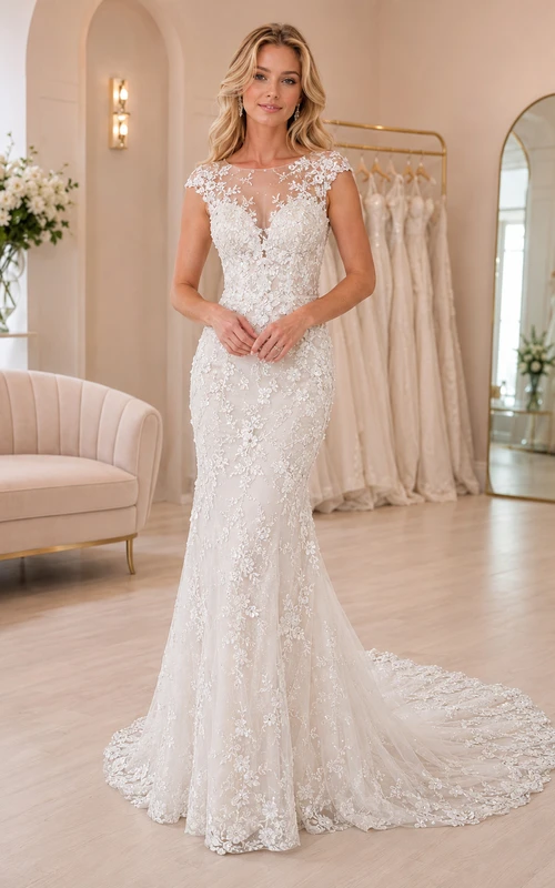 Brautkleid im Meerjungfrauenstil mit Perlenbesatz, kurzen Ärmeln und Spitze
