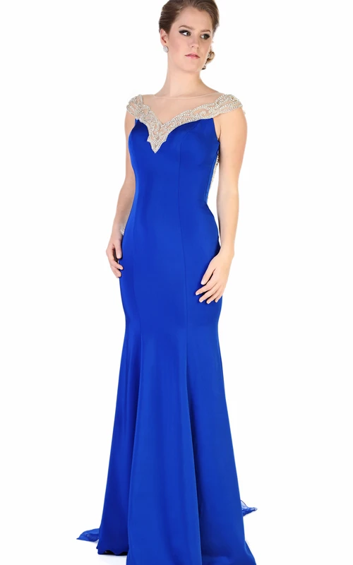 Sheath Cap-Sleeve Beaded Maxi Jersey Evening Dress With Pleats