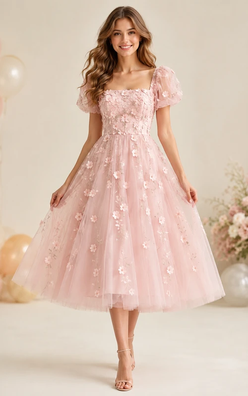 Robe de mariée rose à fleurs en tulle, longueur thé, pour une fête d'anniversaire