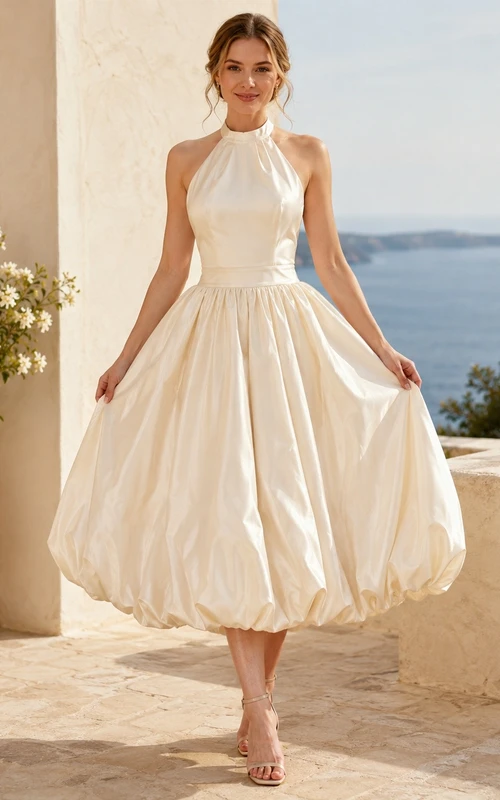 Vestido de novia bohemio de corte A con escote halter y falda abullonada hasta la rodilla