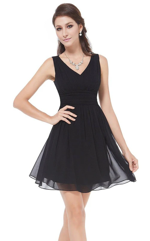 Vestido corto de gasa fruncido con escote en V y corte en A, sin mangas