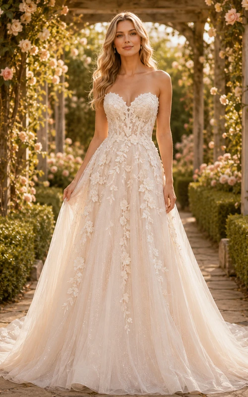 Champagnerfarbenes, trägerloses Brautkleid aus Tüll mit floralen Applikationen