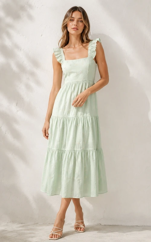 Mintfarbenes, ärmelloses, gestuftes Teelängen-Gästekleid aus Chiffon mit eckigem Ausschnitt