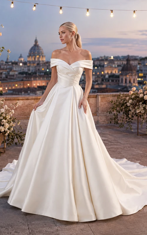 Robe de bal romantique en satin à épaules dénudées et dos nu pour un mariage à destination