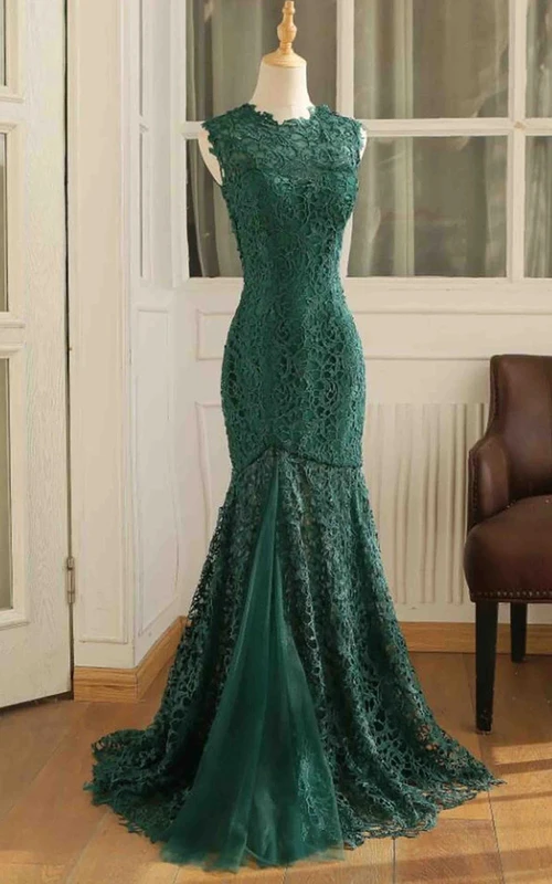 Lässiges, bodenlanges, ärmelloses Meerjungfrauen-Abendkleid aus Spitze mit Reißverschluss