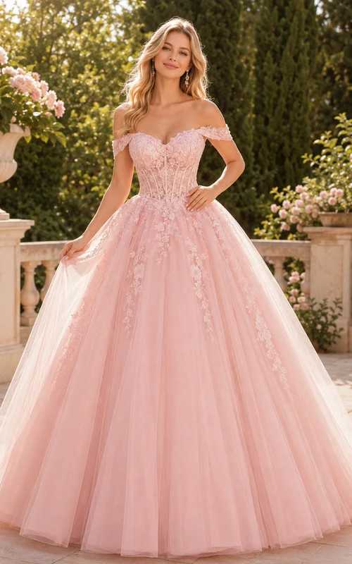 Vestido de fiesta de quinceañera romántico color rosa empolvado con hombros descubiertos, apliques de encaje y cola larga.
