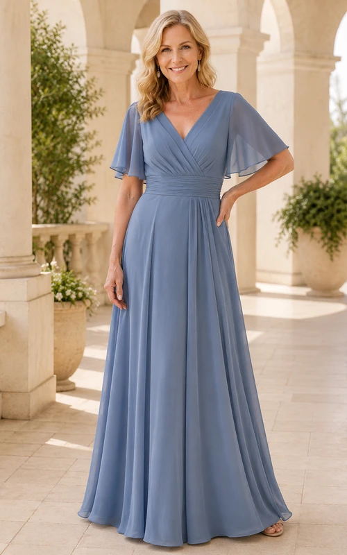 Stahlblaues Chiffon-Kleid in A-Linie mit V-Ausschnitt und Volantärmeln