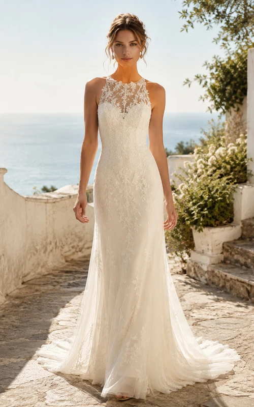 Robe de mariée élégante en dentelle transparente, col montant, sans manches, fourreau, traîne, applications florales, dos illusion