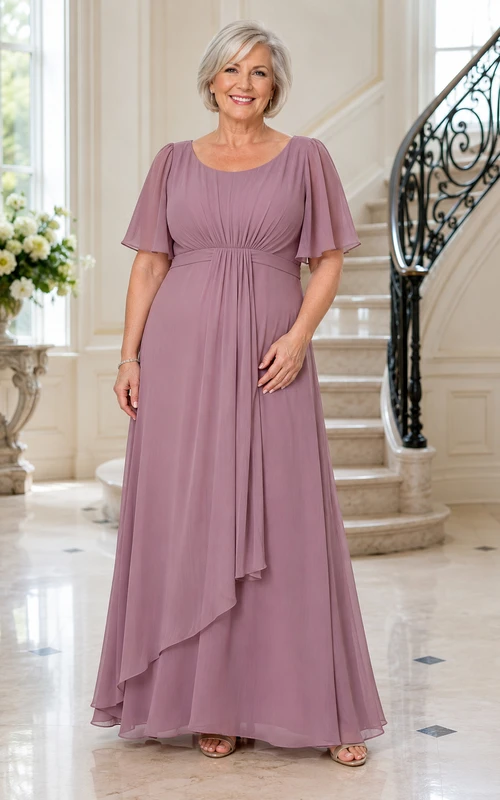 Dusty Rose Plus Size Chiffon A-Line Mother Dress with Cape Sleeves
