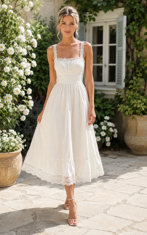 Vestido de invitada de boda blanco de gasa, corte A, escote cuadrado, sin mangas, largo midi.