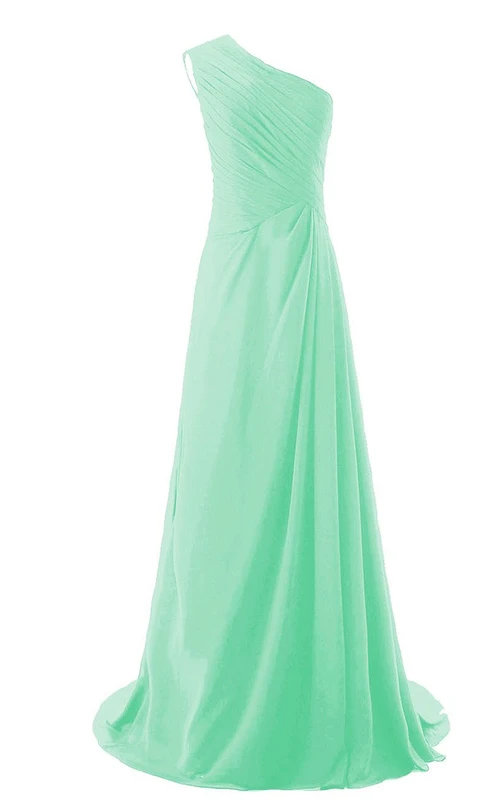 A-Linien-Kleid aus Chiffon mit seitlich drapiertem, einseitig schulterfreiem Saum und Schleppe