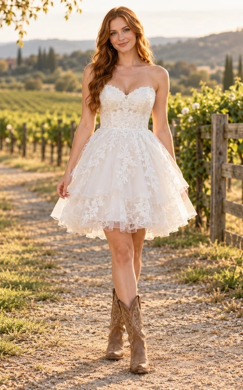 Country Short Strapless Sweetheart Tiered Floral Lace A-line Wedding Dress
