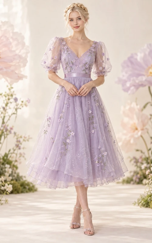 Robe de soirée féérique en tulle fleuri lavande, longueur thé, col en V et manches bouffantes