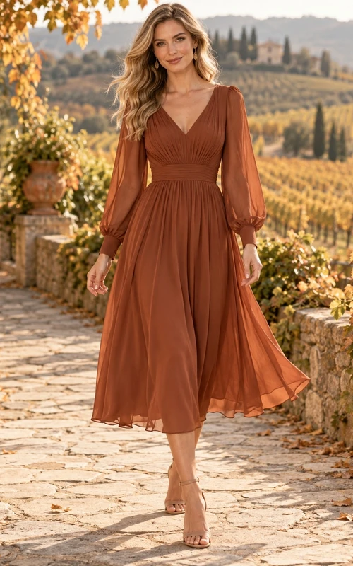 Elegante vestido de invitada de gasa color óxido con cuello en V, manga larga y largo hasta la rodilla.