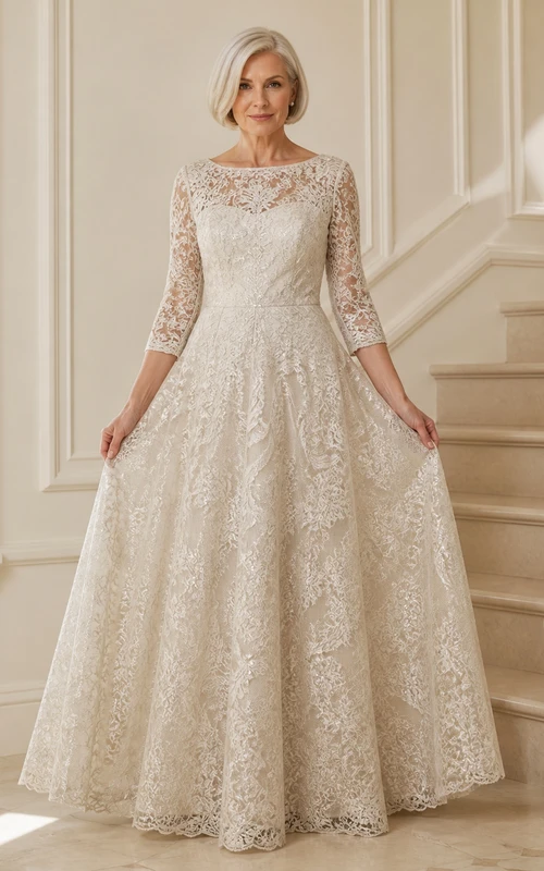 Robe de bal volumineuse et sobre en dentelle pour mariées d'âge mûr, longueur au sol, manches trois-quarts, style bateau.