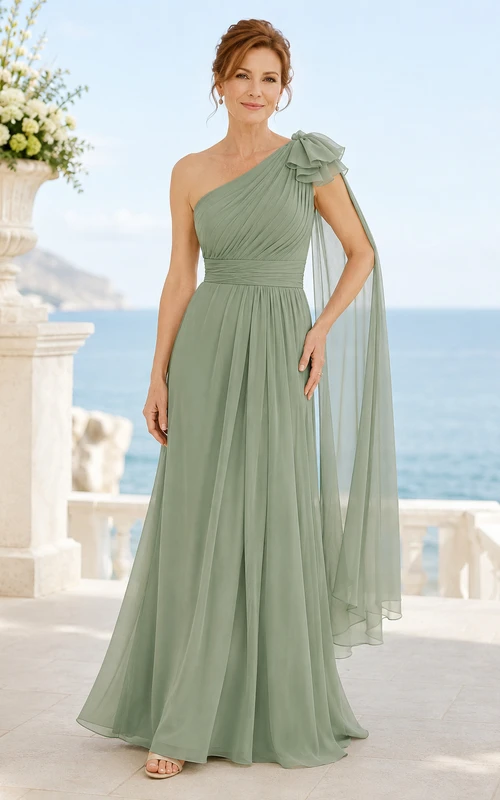 Salbeigrünes, einseitig schulterfreies Chiffon-Kleid in A-Linie mit floralem Cape-Detail