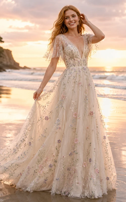 Brautkleid aus Tüll mit flatternden Ärmeln, pastellfarbenem Blumenmuster und Stranddekor