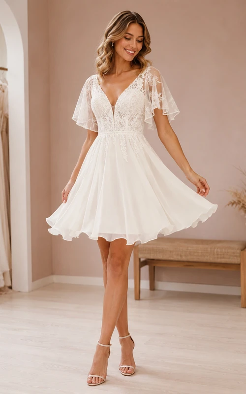 Vestido de novia bohemio corto de gasa con escote en V, encaje y mangas con volantes para la playa