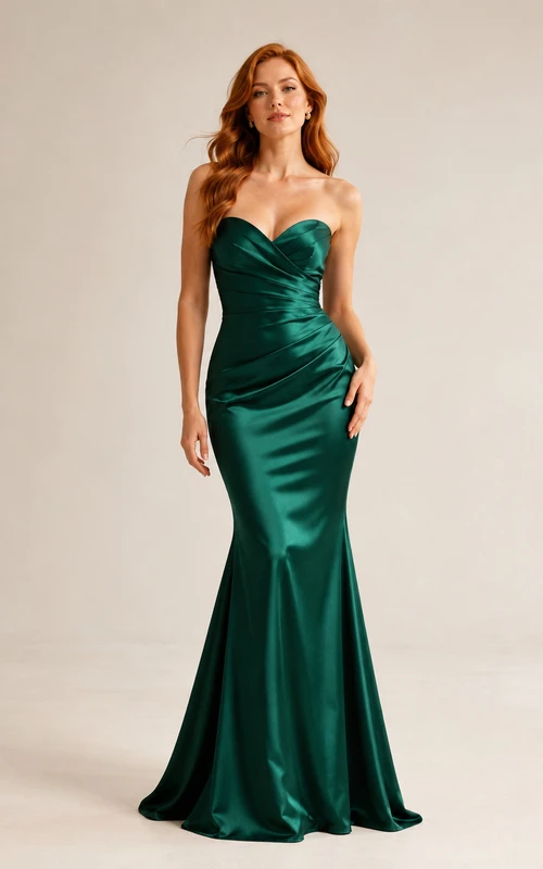 Robe de bal sirène en satin émeraude, bustier cœur, sans bretelles, longueur au sol