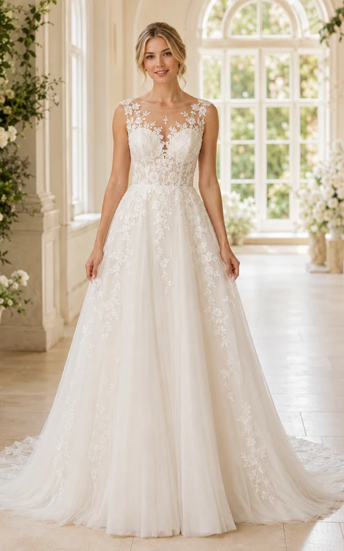 Robe de mariée trapèze en tulle et dentelle florale à col montant et manches courtes