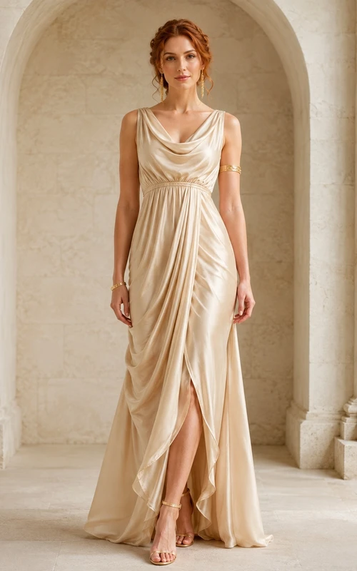 Champagne Cowl Neck Jersey Sheath Floor-Length Split Grecian Evening Dress