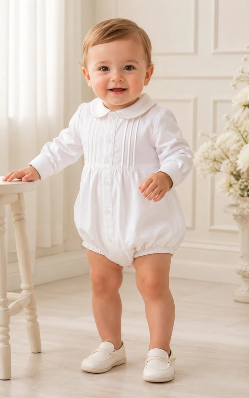 White Long Sleeve Pintuck Peter Collar Baptism Bubble Romper for Baby Boy