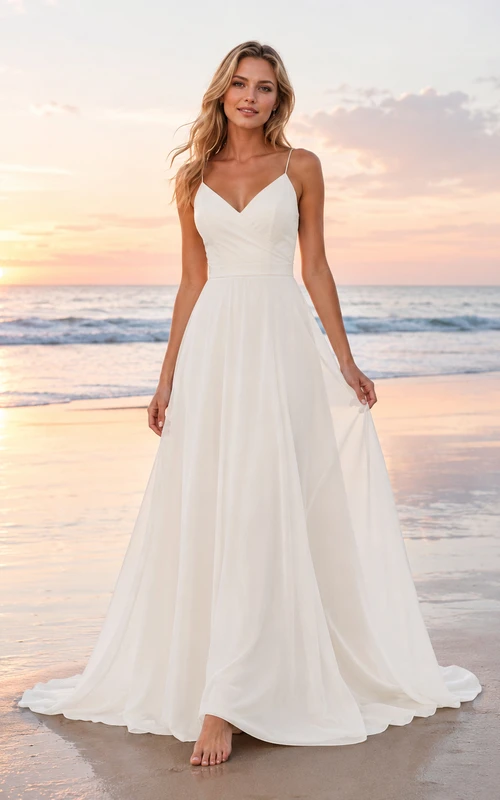 Beach Chiffon Tulle Wedding Dress A-Line Spaghetti Strap Floor Length Bridal Gown
