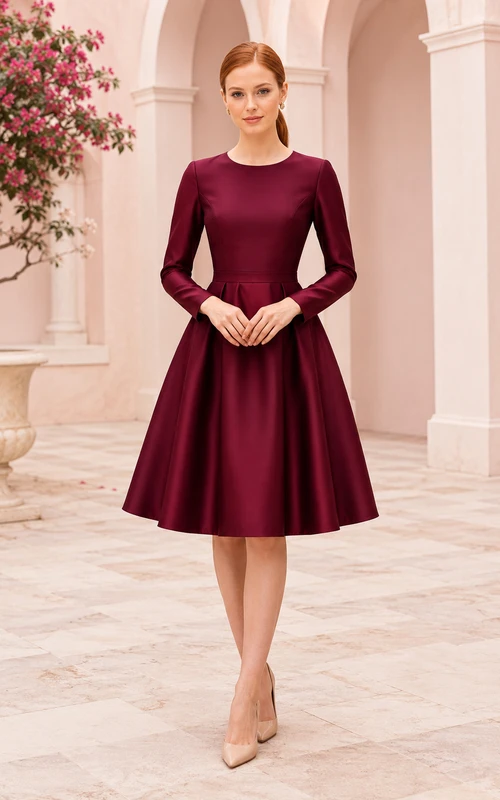 Vestido de invitada burdeos de manga larga, corte en A, largo hasta la rodilla, de satén, con escote joya.