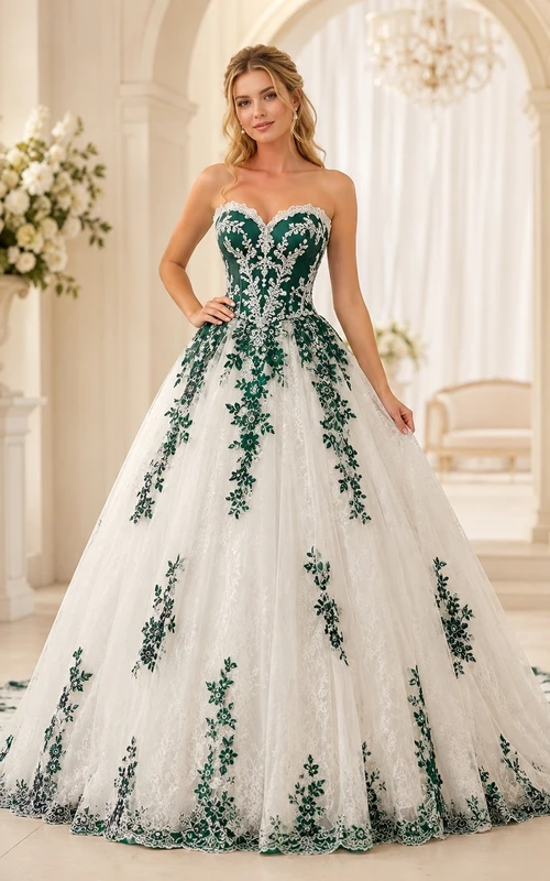 Emerald Floral Bridal Ball Gown Strapless Sleeveless Cathedral Train Romantic Elegant Gown