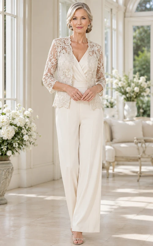 Elfenbeinfarbener Jumpsuit von Mother mit V-Ausschnitt-Spitzenjacke und gerader Hose