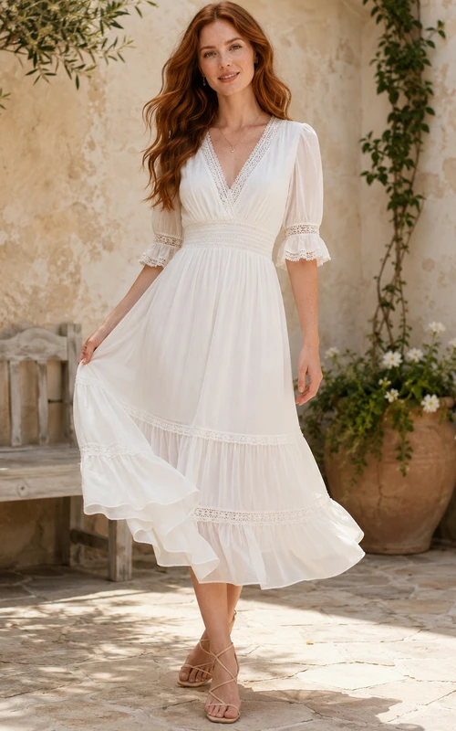 Robe de mariée bohème mi-longue à volants en dentelle, col en V et manches cloche, style jardin