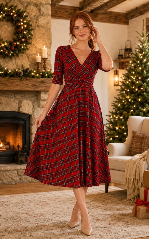 red christmas wrap dress Plaid V Neck Midi Photo tartan christmas dress