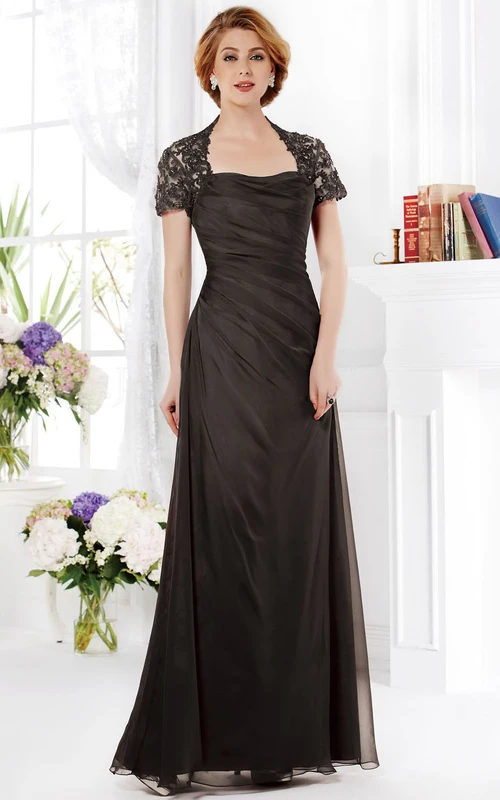 Kurzärmeliges A-Linien-Kleid für die Mutter der Braut mit Rüschen und eckigem Ausschnitt