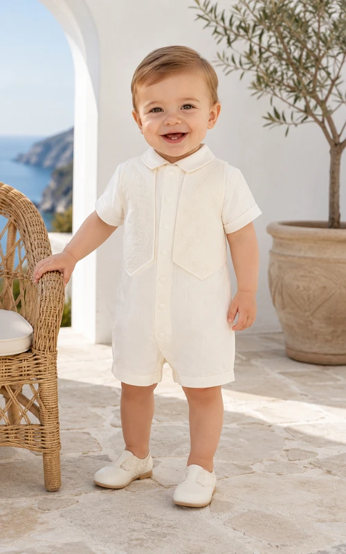 Outdoor-Jacke in Creme mit kurzen Ärmeln, offen, passend für Babys, Taufanzug
