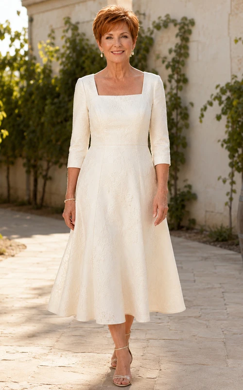 Robe de mariée mi-longue à col carré, manches trois-quarts en dentelle et coupe trapèze, idéale pour les mariées plus âgées.