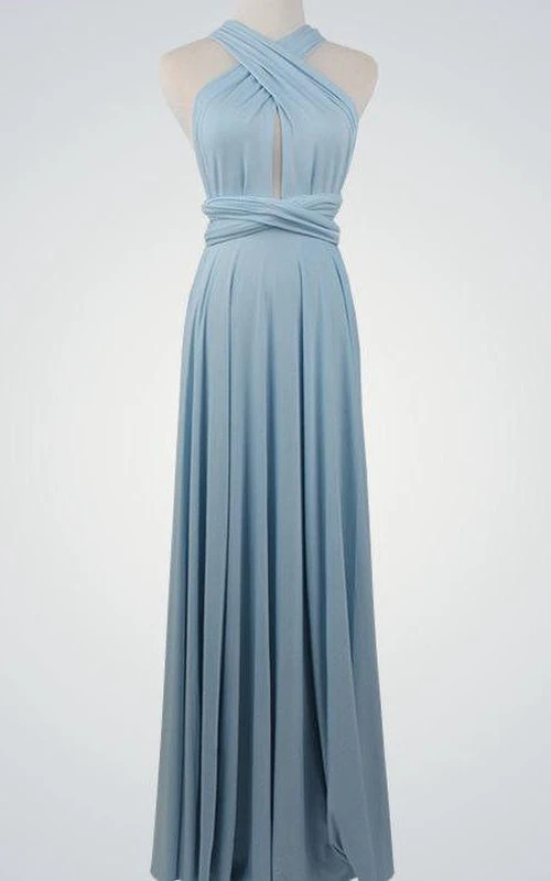 Vestido largo de jersey plisado de corte A con escote cruzado en la parte superior y abertura en forma de ojo de cerradura, con fajín.
