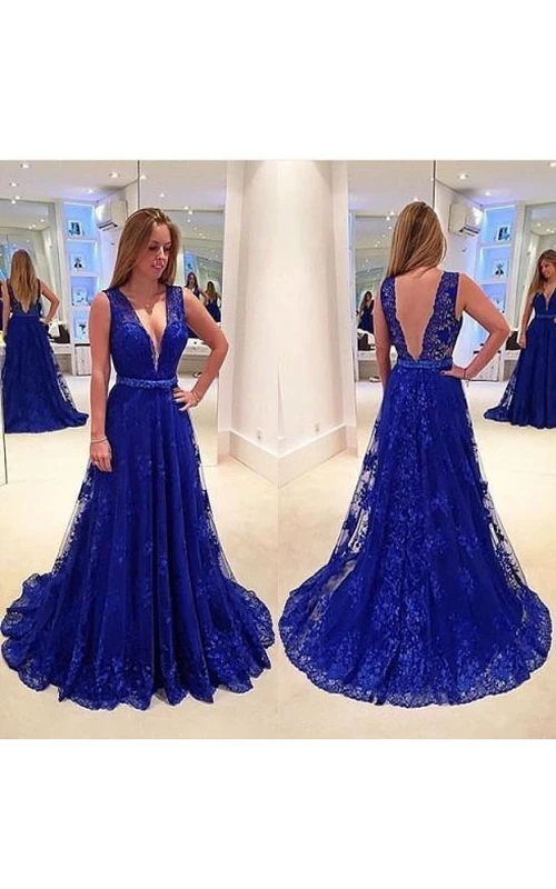 Vestido largo de encaje sin mangas con escote en V y espalda en V profunda