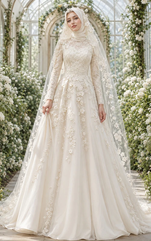 Vestido de novia musulmán modesto con velo floral y encaje botánico