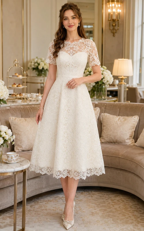 Vestido de noche de largo midi con encaje color marfil y escote barco.