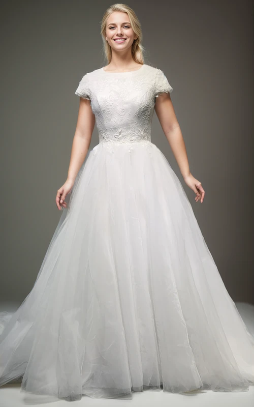Robe de mariée champêtre en dentelle, coupe trapèze, style modeste, décolleté arrondi.