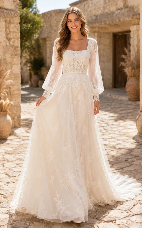 Modest Boho Square Neck Long Poet Sleeve Lace Tulle A-Line Sweep Train Wedding Gown